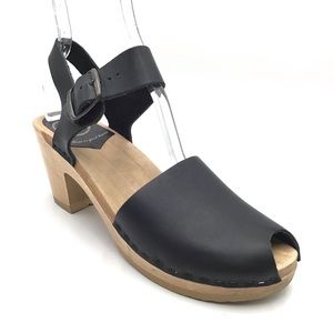 No. 6 Jane Size 41 Black Leather Sandals Wood Handmade Slingback Clog